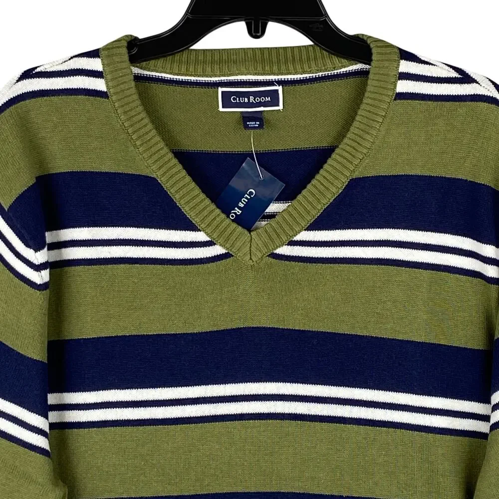 Club Room Men's Large Striped Long Sleeve V-Neck Sweater Pine Brook NWT